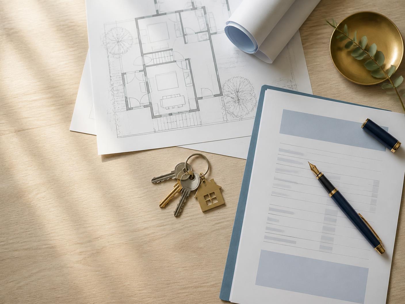 Floor plans, house keys and a loan term sheet on a pale oak table