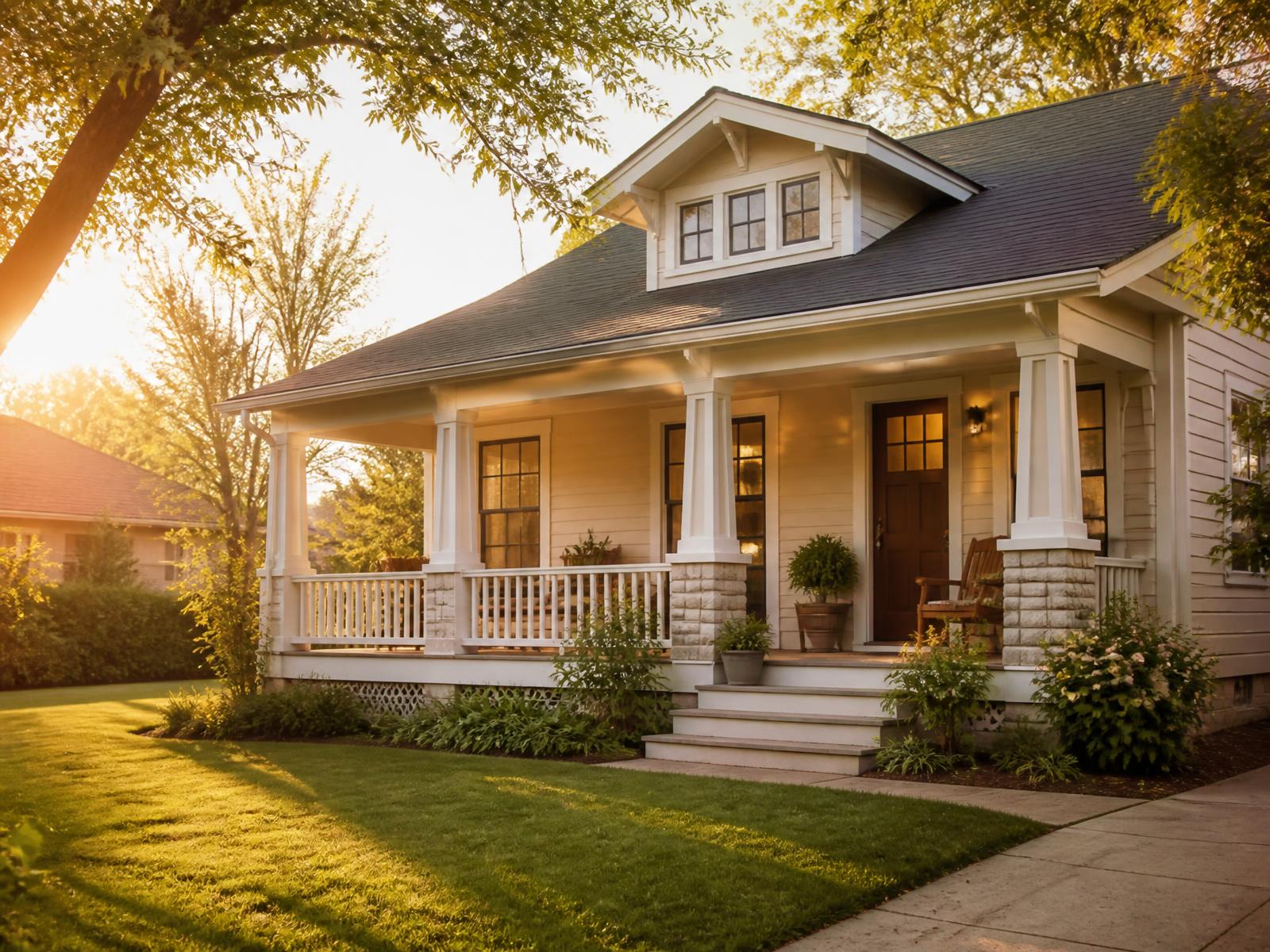 Family home with a welcoming front porch in warm evening light