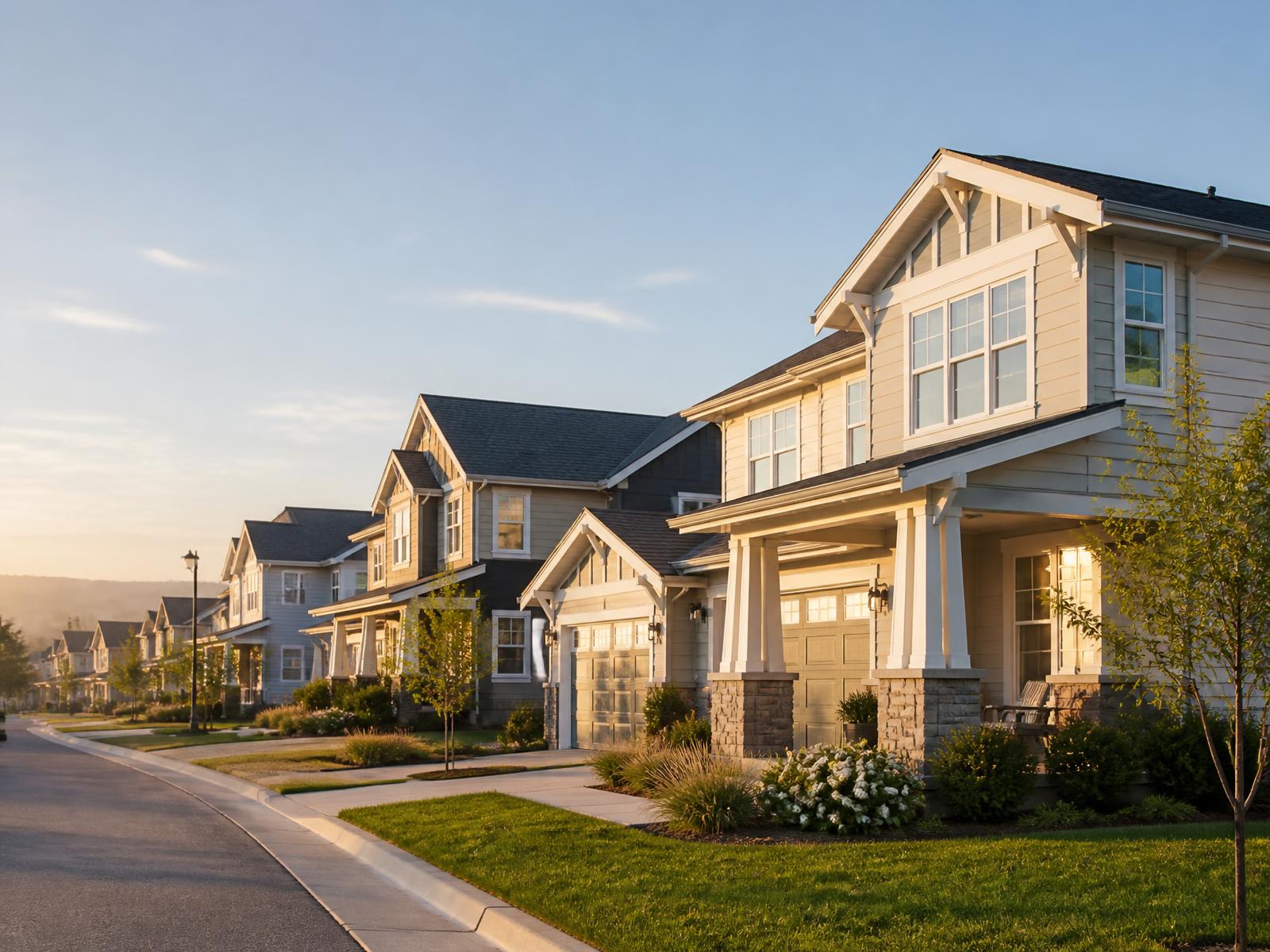 American residential street of craftsman homes in early morning light