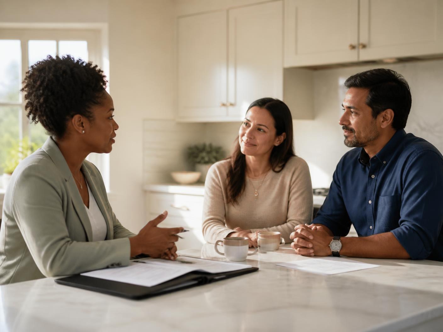 A specialist talking calmly with homeowners at their kitchen table