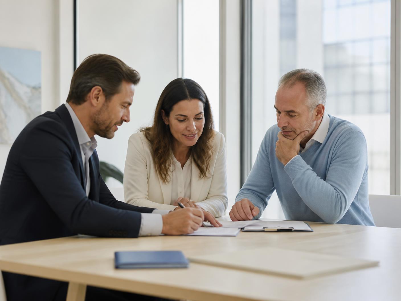 IEO advisors reviewing documents with a client in a bright office